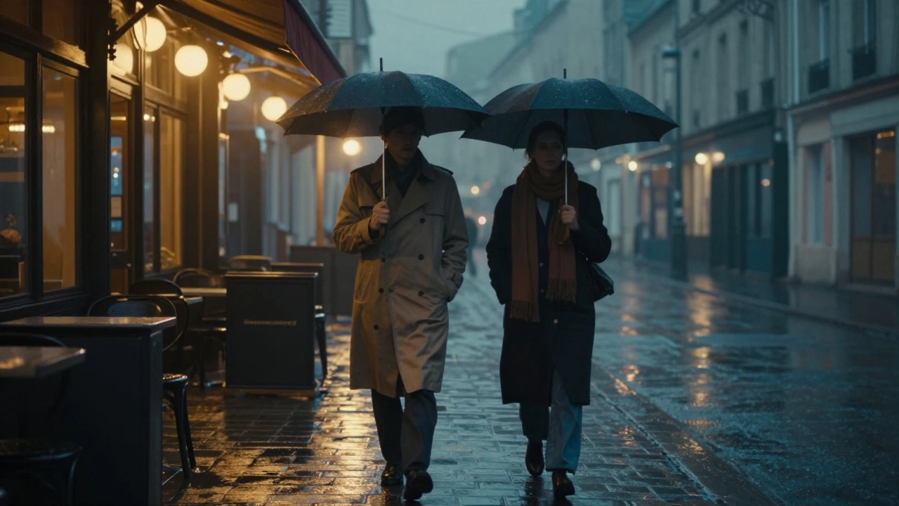 A man and woman walk side by side under a Parisian awning at night, rain glistening on the pavement, no physical contact.