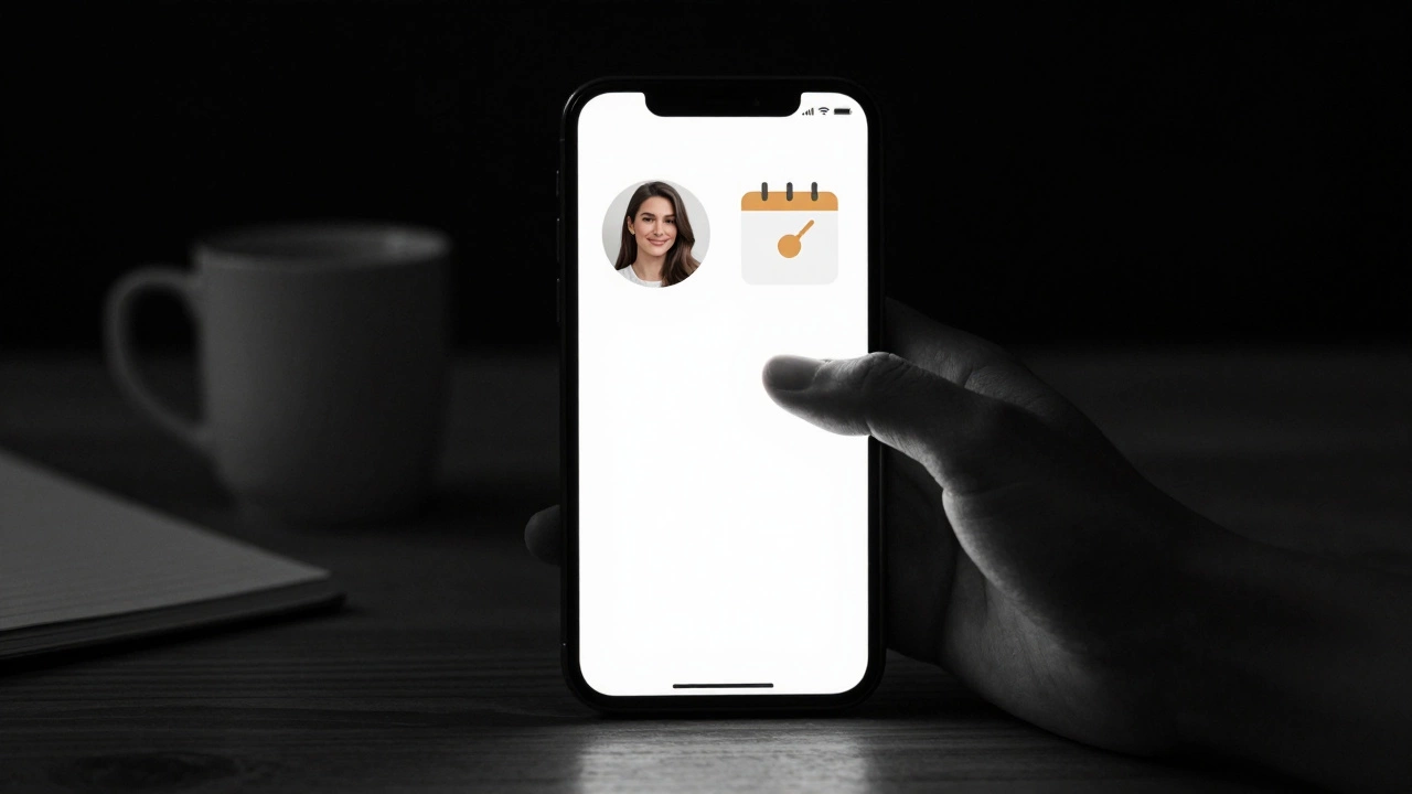 A smartphone screen displays a discreet companionship app interface, glowing softly in a dark room.
