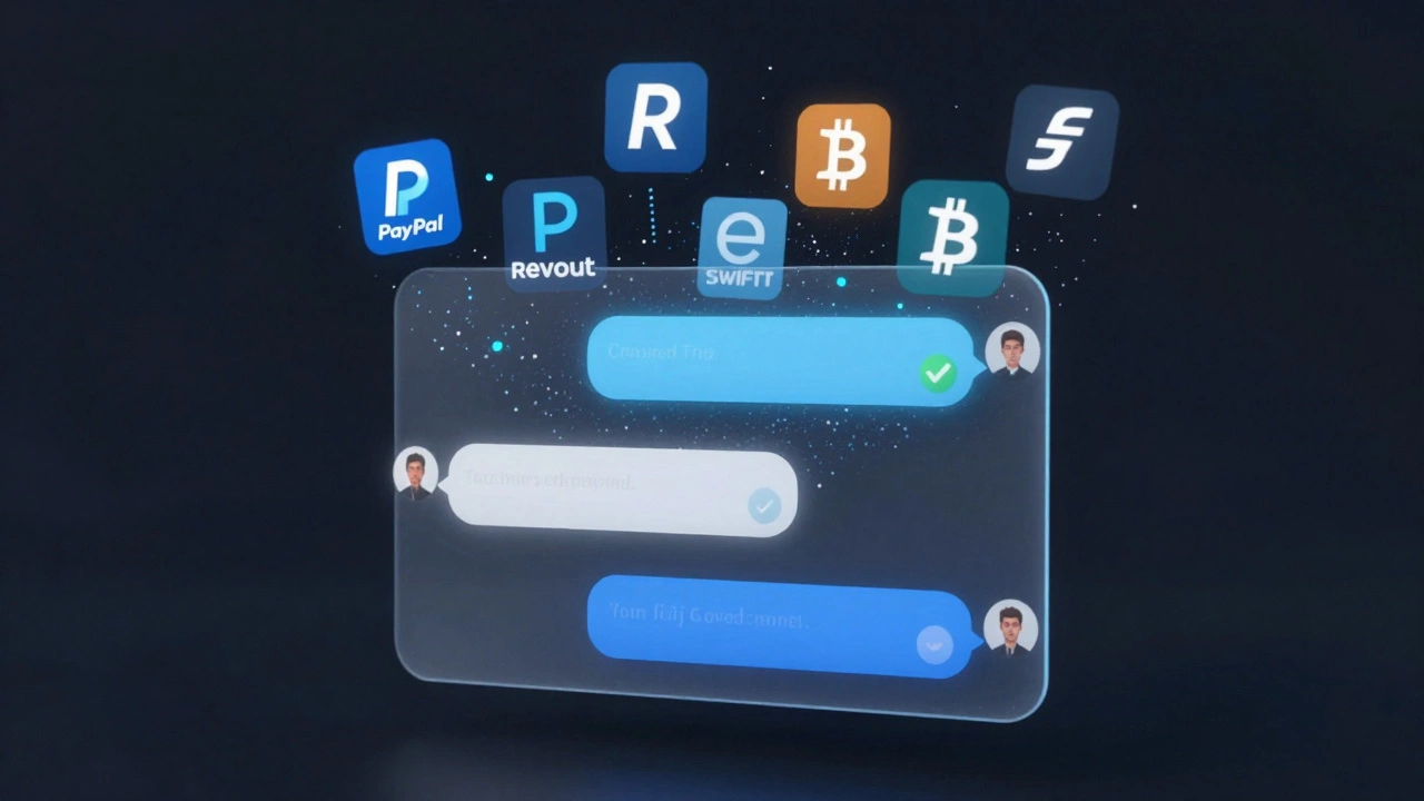 Encrypted chat interface with green verification badge and payment method icons dissolving into digital particles.