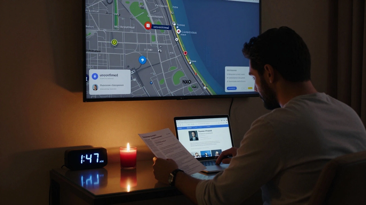 Man reviewing booking confirmation in a Dubai hotel room at night, with GPS provider map and trust page visible on laptop.